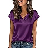 Zeagoo Women Silk Satin Tops Cap Short Sleeve Blouse V Neck Shirts Business Casual Outfits S-2XL