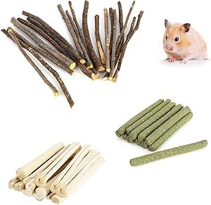 300g Hamster Natural Snack Kit, Apple Sticks Rabbit Hamster Chew Toys, Timothy Hay Sweet Bamboo Chew Teeth Care Wood Toys for Gerbil Bunny Chinchilla Guinea Pig Pets Food