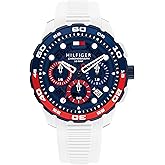 Tommy Hilfiger TH-Regatta Men's Chronograph Quartz Watch – 44mm Stainless Steel Case, Rotating Bezel, Silicone Strap, Nautical- Inspired Sport Style, Gift for Him