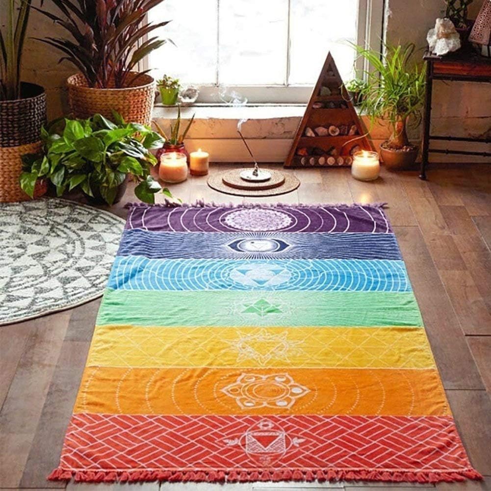 Summp Tapestry Yoga Towel, Rainbow Yoga Tapestry Boho Beach Towel Bath Towel 7 Chakras Carpet