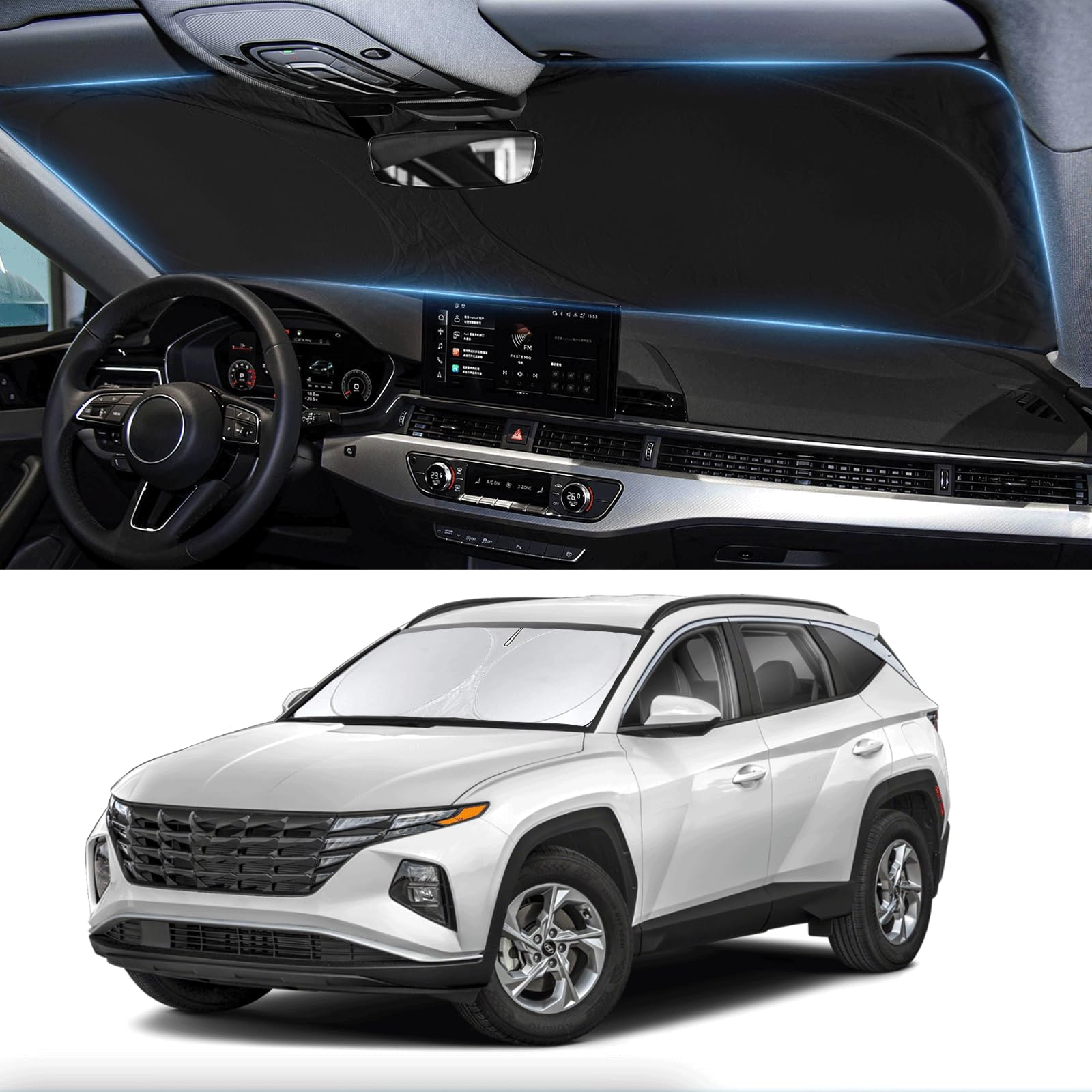 Photo 1 of Custom Fit Tucson Windshield Sunshade for Hyundai Tucson 2022-2026 Front Window Retractable Shades Cover for Windshield Sun Visor Protector 210T Reflector Blocks UV Rays Cooler Car Accessories