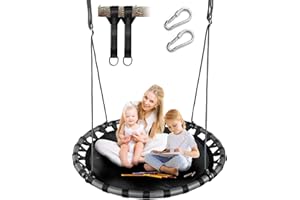 Hishine 43" Saucer Tree Swing for Kids, 360° Rotate Waterproof Flying Saucer Swing with Swivel, Hanging Straps, Adjustable Ropes, Round Mat Spinner Swing for Tree/Swing Set (Strap-Black)