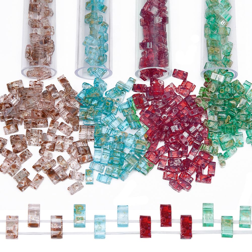 CREATCABIN 400Pcs 2 Hole Half Tila Beads 4 Colors Mix Glass Seed Beads Rectangle Antique Mini Transparent Vintage With Plastic Container for Craft Bracelet Necklace Earring Jewelry Making Green Blue