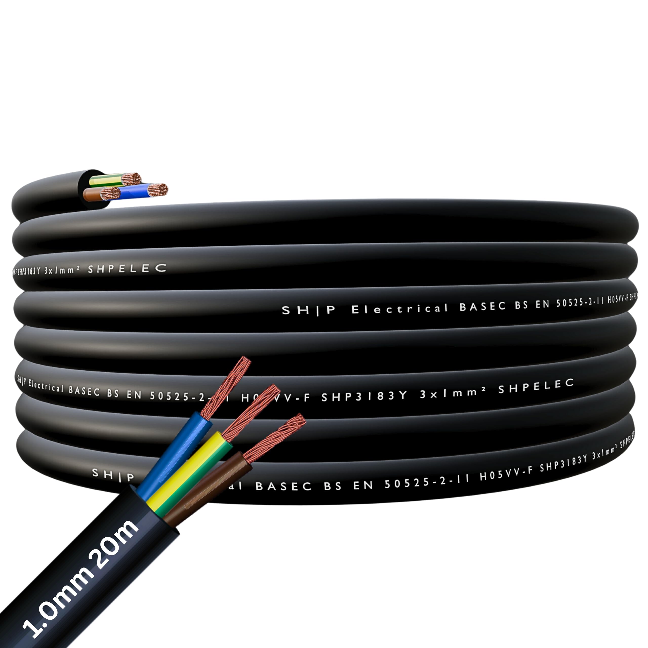 SHPELEC® FLEXIBLE Black Cable 3183Y 0.75mm, 1.0mm, 1.5mm, 2.5mm BASEC Approved Black PVC LED Lighting 5m 10m 15m 20m 50m (1.0mm 3 Core - 20 metres) — image 1