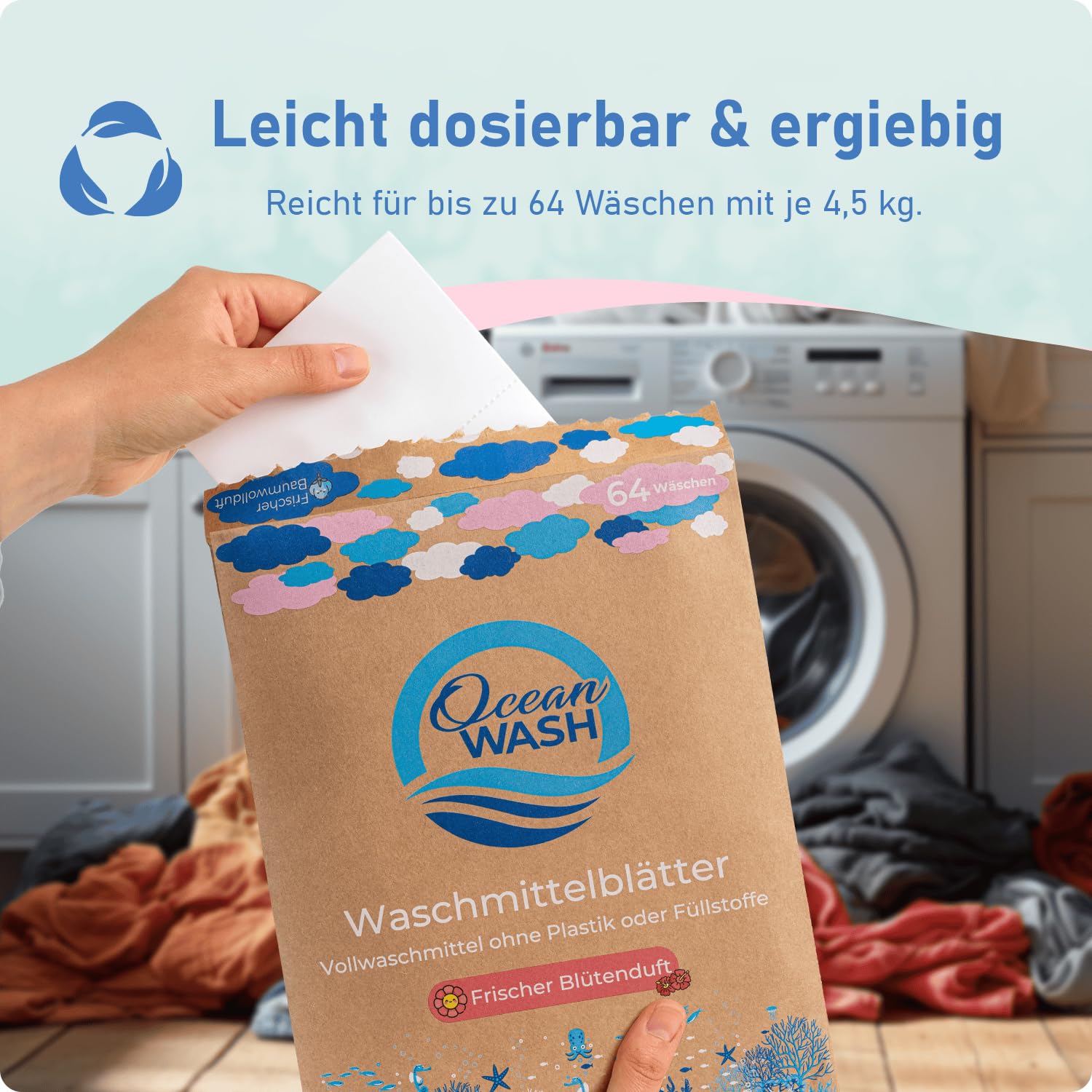 OceanWash Waschmittelblätter Blütenduft, Waschblätter Waschmaschine für alle Textilien und Farben, Waschtücher biologisch abbaubar, Laundry Detergent Sheets Vollwaschmittel, 64 Wäschen 6