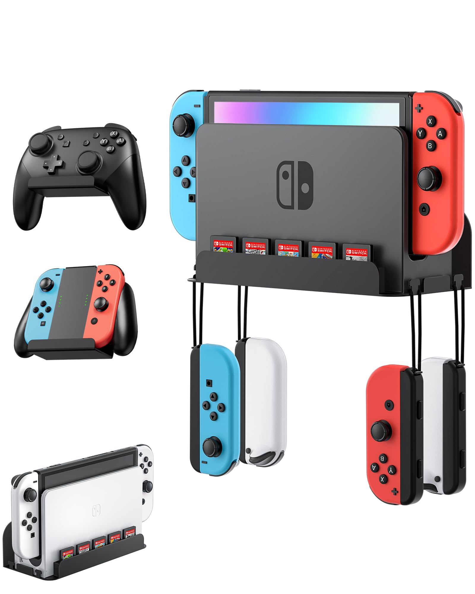 ZAONOOL Wall Mount for Nintendo Switch and Switch OLED with 2 Controller Wall Holders, Metal Wall Mount Kit Stand with 5 Game Card and 4 JoyCon Shelfs, Safely Store Console Near or Behind TV, Black