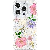 Abbery for iPhone 15 Pro Case Clear with Sparkly Gold Pink Pressed Flower Design, Cute Soft TPU Purple White Real Dried Floral Aesthetic Protective Shockproof Women Girl's Phone Cover