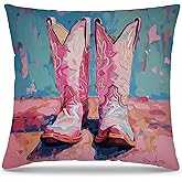 PUHEI Western Pillow Covers 18x18, Western Pink Cowgirl Boots Decorative Pillow Covers for Couch Sofa, Cowgirl Room Decor, Pink Western Decor, Western Home Decor, Western Room Decor