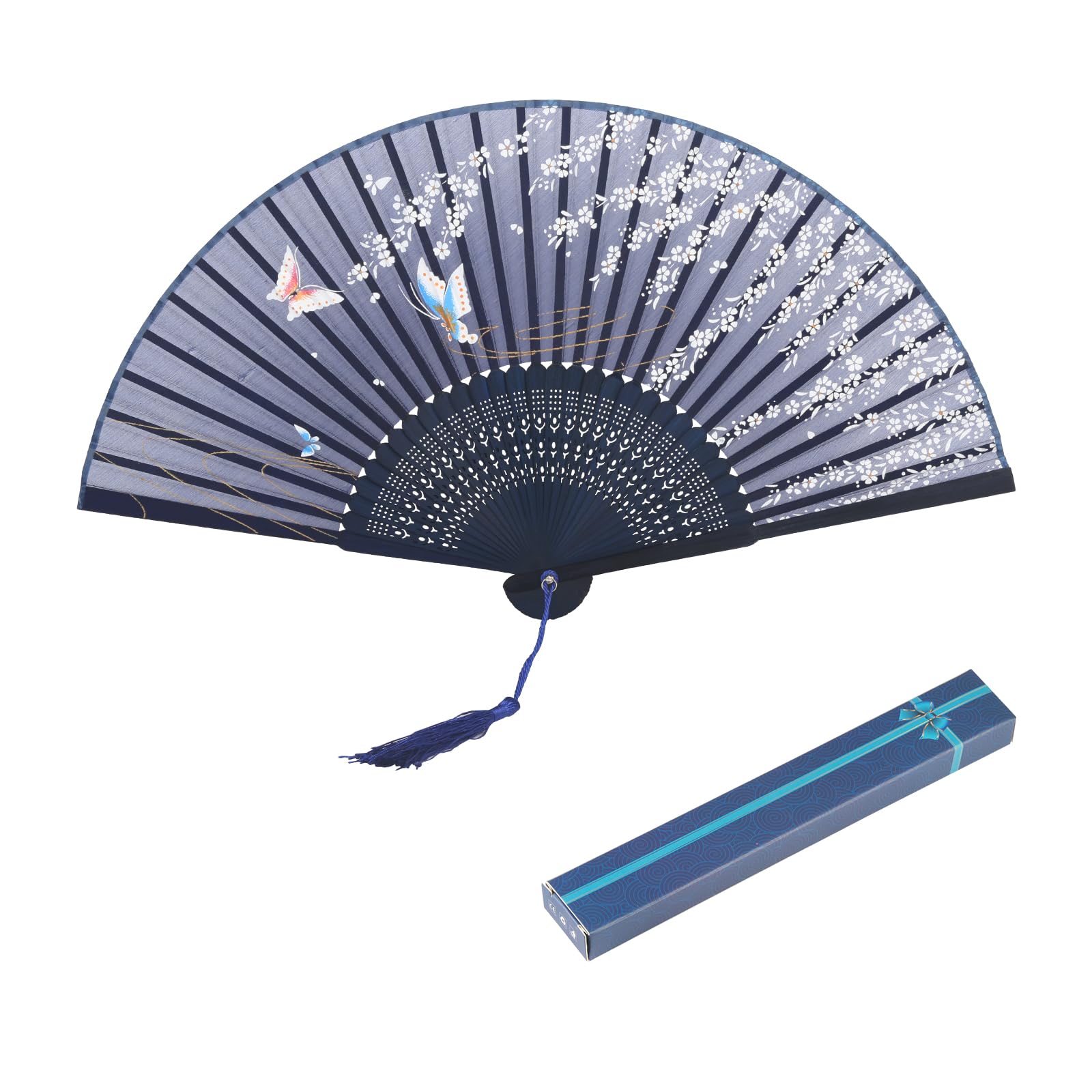 KAKOO Silk Folding Fan Bamboo Ribs Japanese Style Sakura and Butterflies Pattern Design Hand Held Fans for Dancing Cosplay Wedding Party Props Home Office Wall DIY Decoration (Sakura)