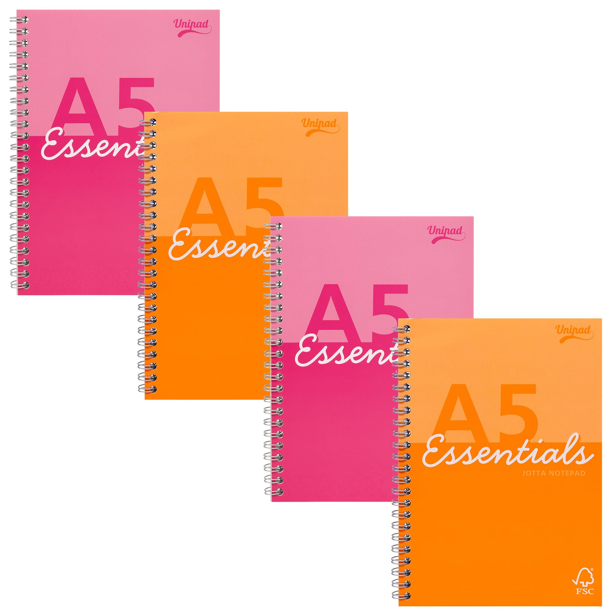 Pukka Pad Essentials A5 Jotta Notebook – Pack of 4 Assorted Pink & Orange Notepads for School & Office with 160 Pages, 80 Sheets of 60GSM Lined FSC Paper and Perforation – Side Twin Wire Binding
