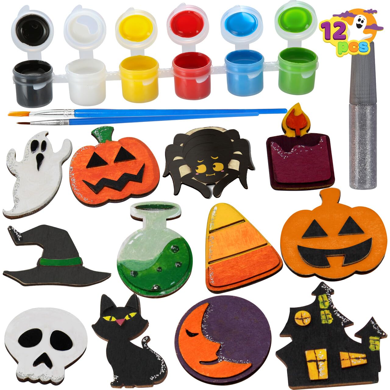 Photo 1 of JOYIN 12 Pcs Halloween Wood Craft Kit, Wooden Magnet Creativity Arts Painting Kit, DIY Halloween Painting Craft for Kids Party Supplies, Toddler Party Favors Family School Activities