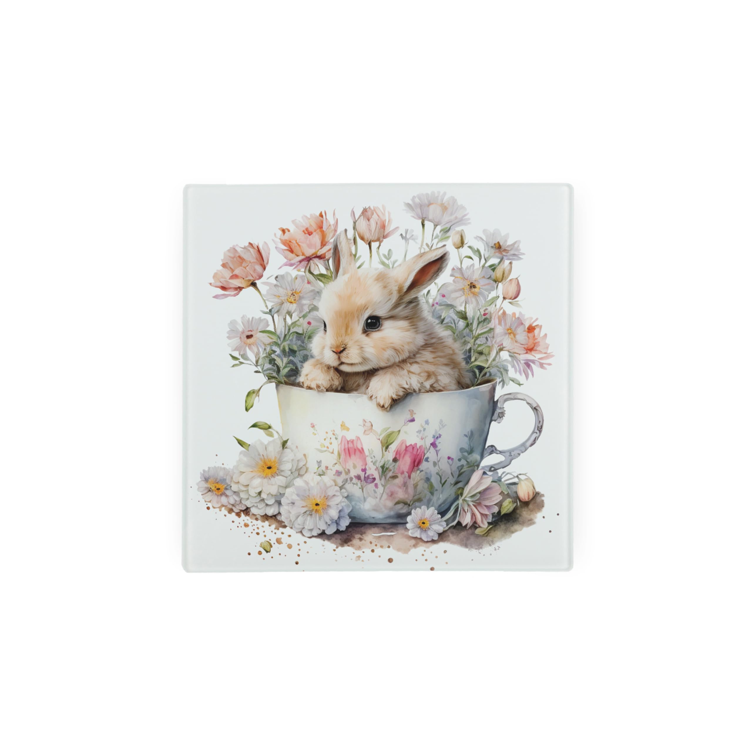 Teacup Bunny Glass Hot Pot Stand Trivet - Spring Themed Floral Gifts - Kitchen Chopping/Cutting Board Worktop Protector with Non-Slip Feet 20cm x 20cm (8" x 8")