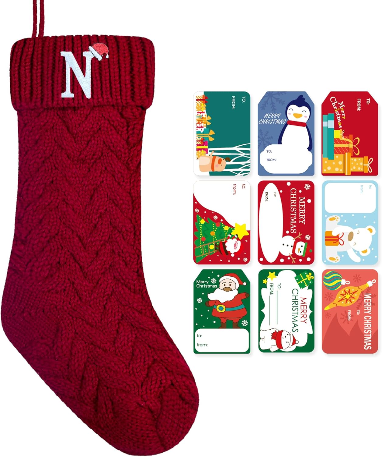 Stockings & Holders - ZGCYSMHT Christmas Stockings Personalized Custom Initials 18 Inches Knitted Christmas Stockings with Letter Fireplace Hanging Monogram Xmas Stockings for Kids,Family Holiday Party Decoration（Red N）