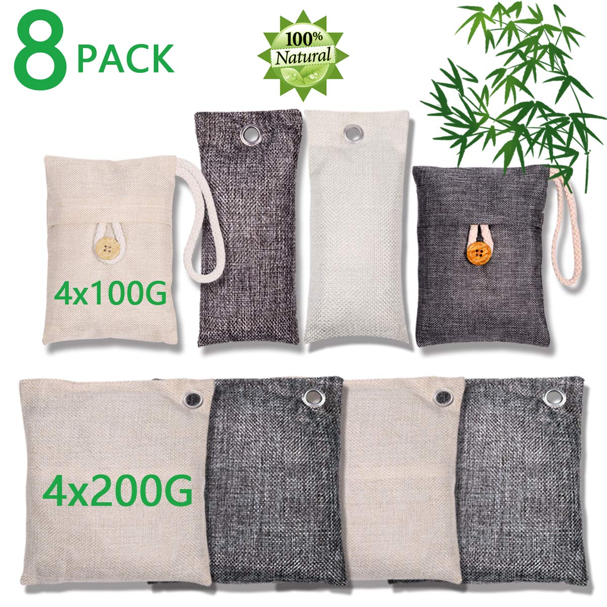 Bamboo Charcoal Air Purifying Bag (8 Pack), 200g,100g Natural Air Freshener Bags, Activated Charcoal Odor Eliminators, Car Air Purifier, Closet Freshener, Home Air Freshener