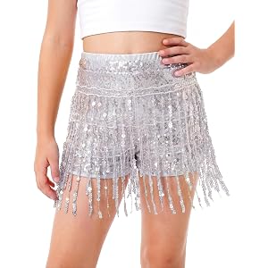 Noomelfish Girls Fringe Sparkly Sequin Shorts Elastic Waist Tassel Cute Party Dance Outfits (5-14 Years)