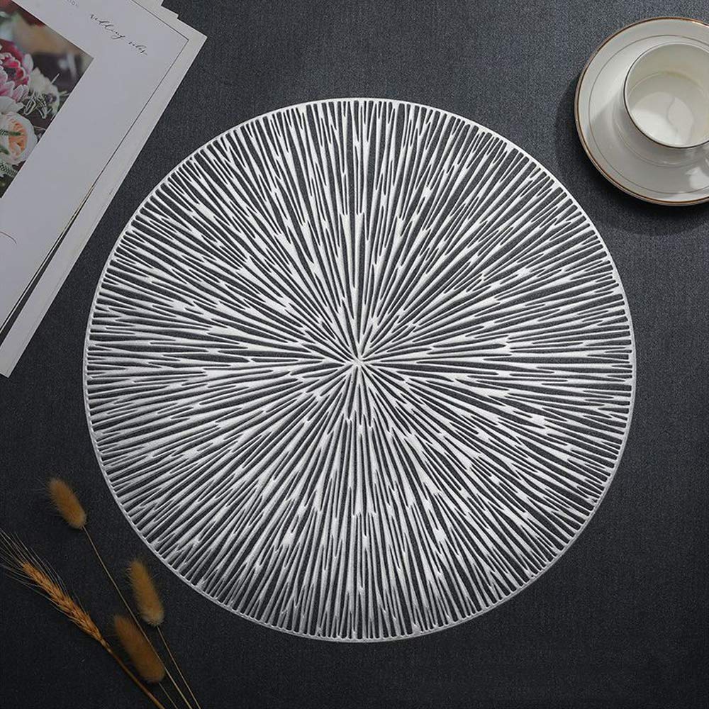 ​Hosoncovy 4 Pack Round Firework Decorative Placemats PVC Hollow Table Place Mats Heat Resistant Non-slip Dining Placemats for Home Kitchen (Silver)