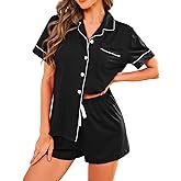 QLVKYW Pajama Set for Women 2 Piece Sleepwear Short Sleeve Button Tops and Pj Shorts Chest Pocket