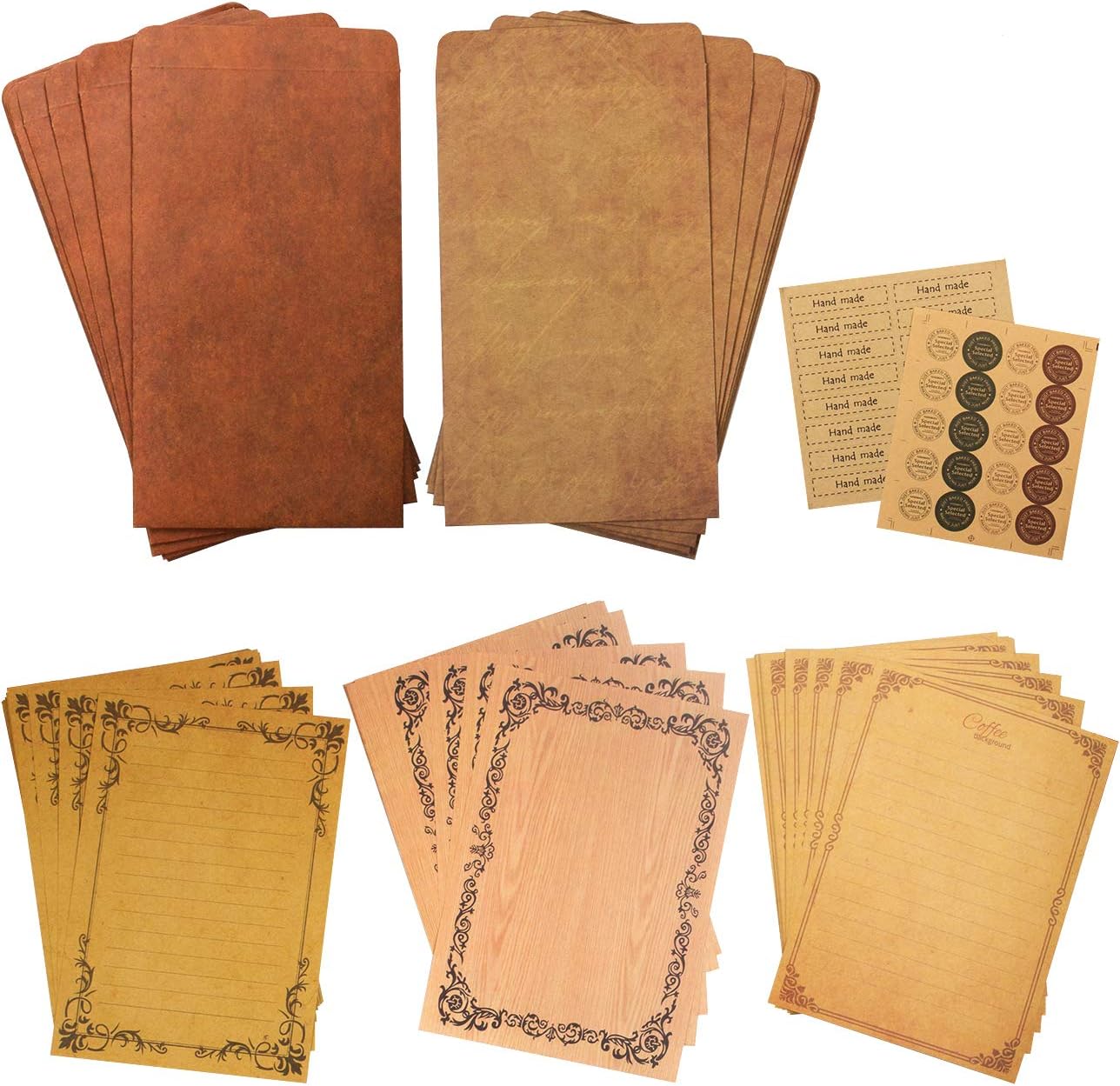 ADVcer Vintage Stationary Paper and Kraft Envelopes Set with Seal Stickers, 72pcs 3 Patterns 8.3x5.7" Writing Stationery Paper + 20pcs 2 Colors 7.9 x 4.7" Letter Envelope + 36pcs 2 Styles Rustic Seals