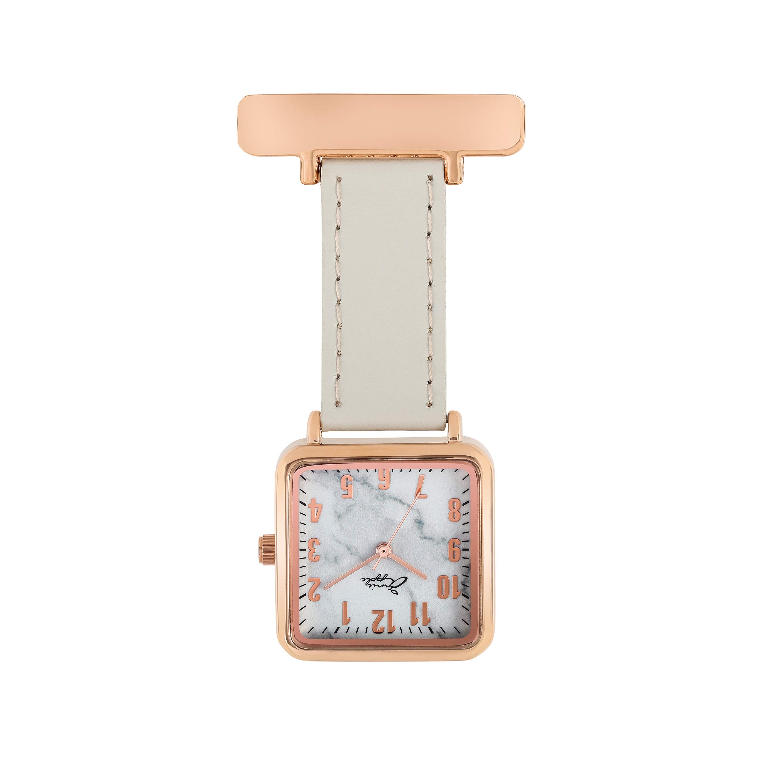 Annie Apple Nurse Fob Watch – Rose Gold Square Case with Marble Dial and Grey Leather Strap – Pocket Watch for Nurses, Hairdressers, Beauticians