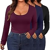 Evervibe 3 Pack Women's Plus Size Long Sleeve Shirts Scoop Neck Slim Fitted Top Casual Stretchy Base Layer Undershirts
