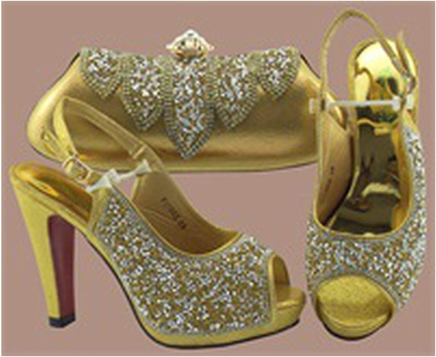 gold sandals and matching bag