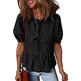 Deer Lady Womens Denim Shirt Bow Tie Front Tops Puff Sleeve Blouses Babydoll Peplum Summer Trendy Crewneck Shirts