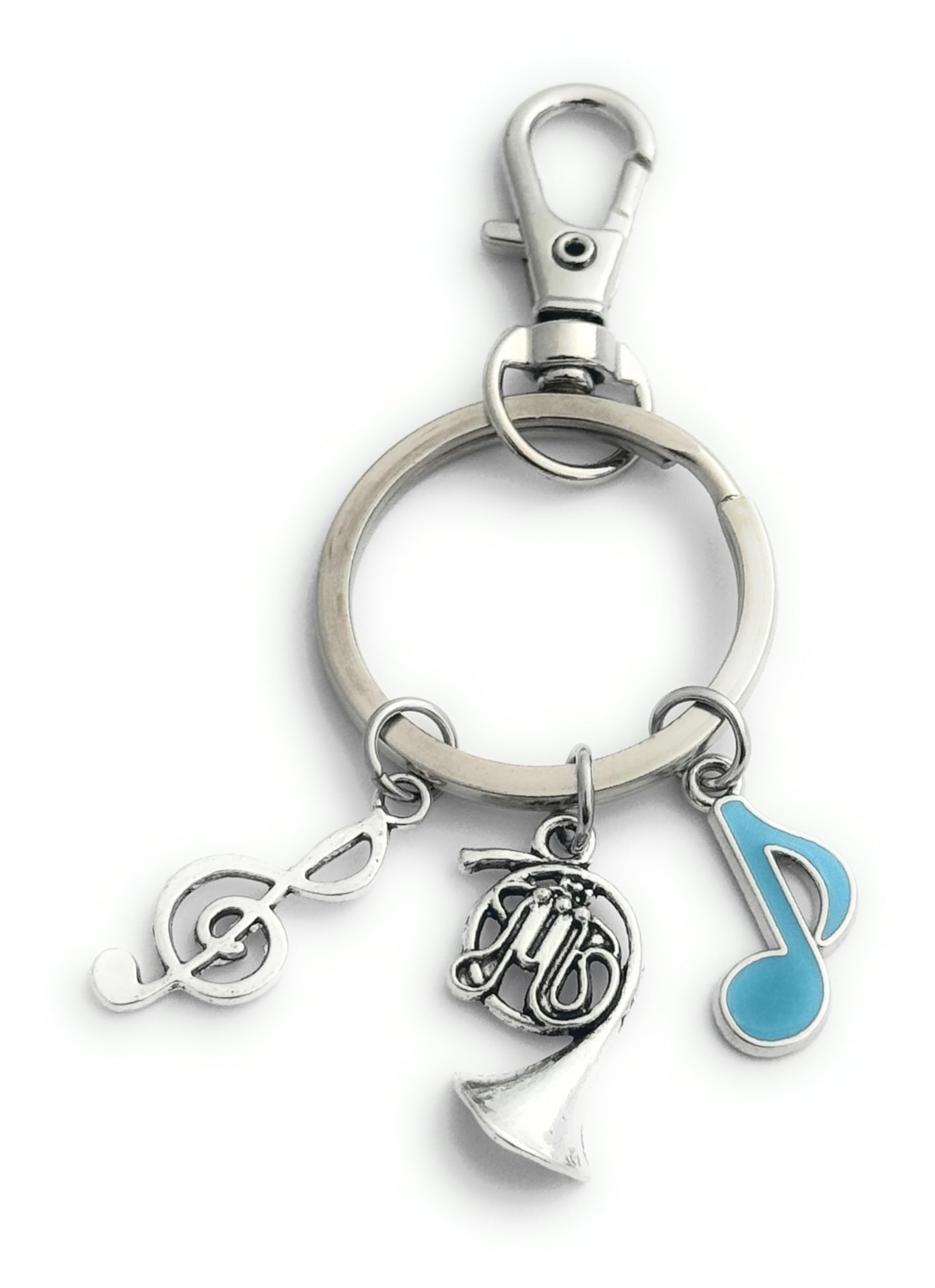 FizzyButton Gifts French Horn Music Keyring Key Ring with French Horn, Quaver, Treble Clef Charm and Lobster Clasp