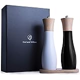 Owl and Willow Wooden Salt and Pepper Grinder Set Unique Black & White Seasoning Mills With Stand, Premium Gift Box - Precisi
