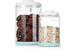 FAFAFLYER POP-Glass Cookie-Candy Airtight-Jar Lid - 2.2Qt/2L and 1Qt/0.9L (2 Piece) Clear glass container | Stackable One-Touch Opening | For Cookie, Candy, Sugar, Flour, Nuts