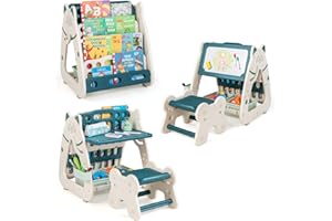 HONEY JOY Kids Art Easel, 3 in 1 Kids Table & Chair Set w/Magnetic White Board, Bookshelf, Bottom Storage Shelf, Children Activity Table, Toddler Easel for Boys Girls 1-5 Years Old (Green)