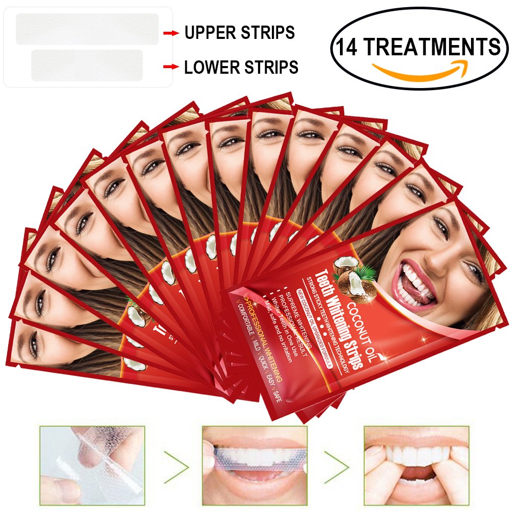 Grinigh COCONUT OIL Whitestrips Dental Professional Effects Teeth Whitening Strips Kit, 14 Treatments - Lasts 6 Months & Beyond - Non-Slip White Strips with a Fresh COCONUT Fragrance