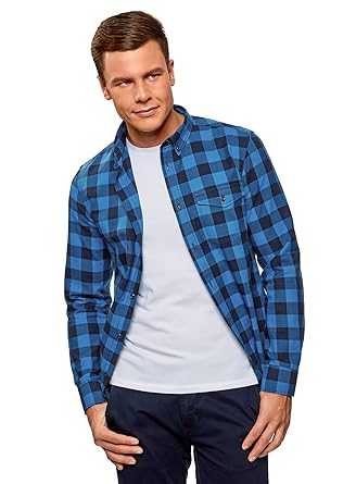 camisa azul cuadros hombre