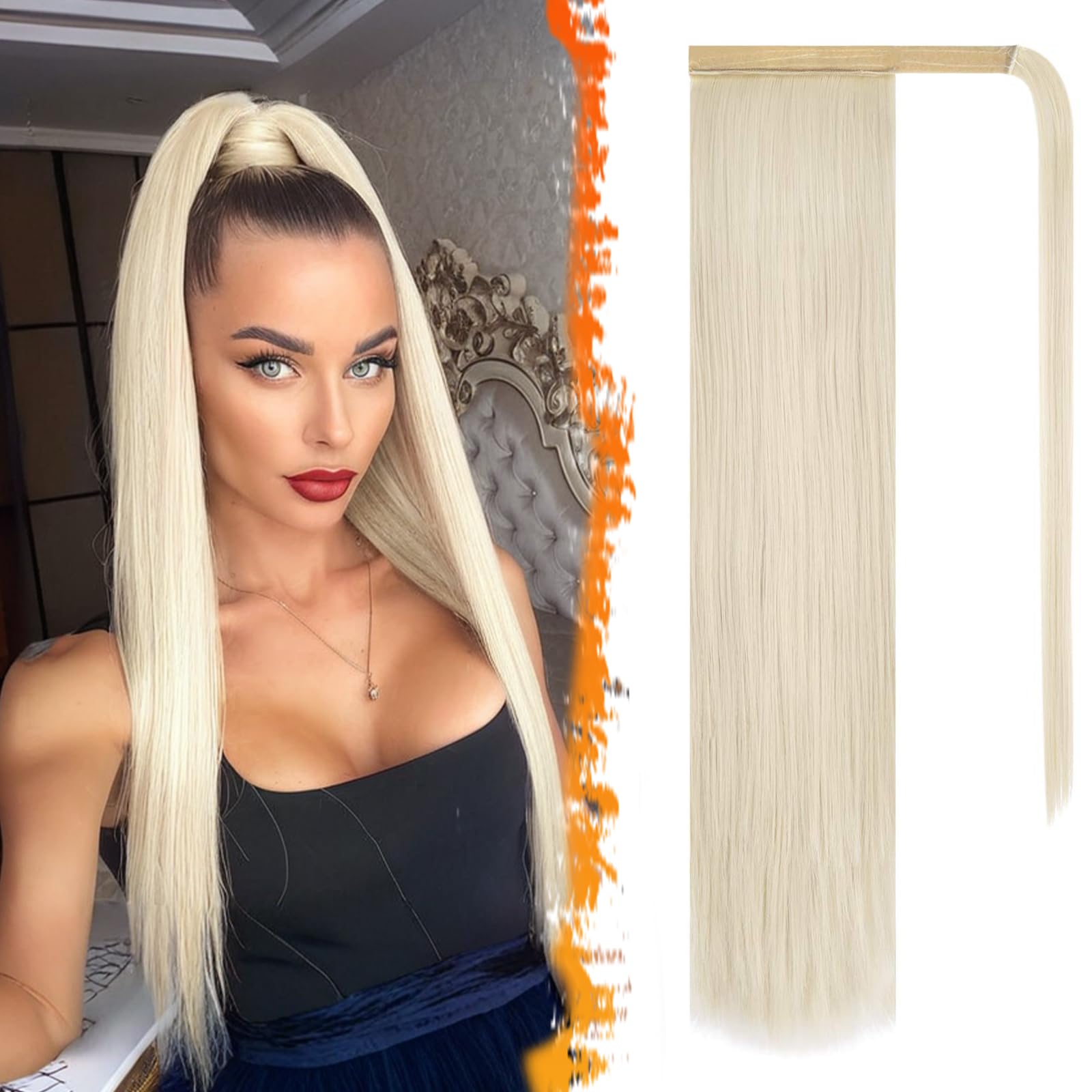 Photo 1 of BARSDAR Ivory White Straight Wrap Ponytail Extension - 20 Inch Long Straight Wrap Around Ponytails for Women, Synthetic Clip in Ponytail Extensions Ivory Blonde Pony Tails Hairpieces