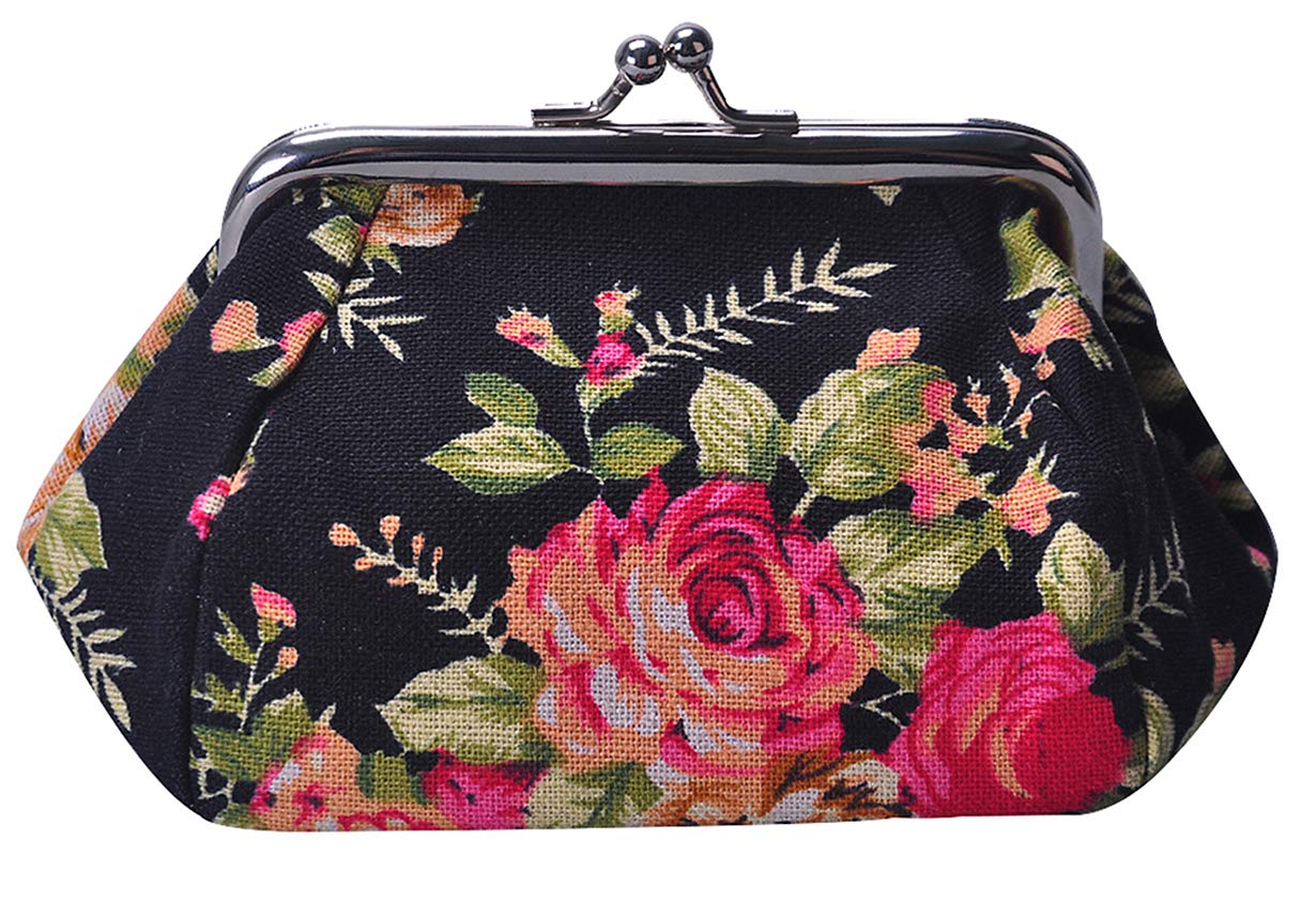 iSuperb Mini Coin Purse Canvas Kiss Lock Coin Wallet Pouch Small Change Bag for Women Girls Kids 13 x 9 x 9.5cm (Black)