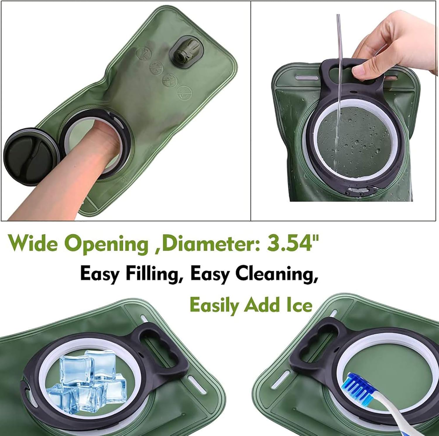 Hydration Bladder 2 Liter Leak Proof Water Reservoir, Military Water Storage Bladder Bag, BPA Free Hydration Pack Replacement, for Hiking Biking Climbing Cycling Running, Large Opening, Green : Sports & Outdoors