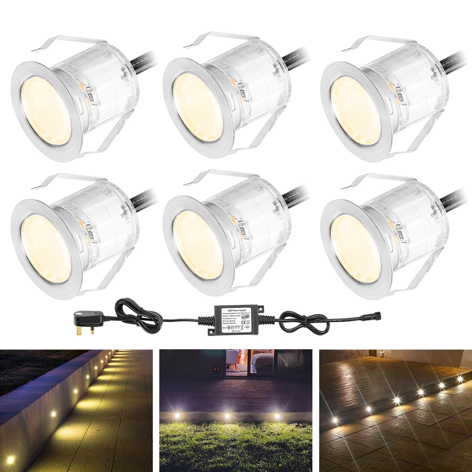 INDARUN Warm White Led Decking Lights Outdoor Waterproof IP67 Ø30MM 12V - Led Plinth Light Kits for Terrace/Patio/Path/Wall/Garden/Decoration, 6 Packs