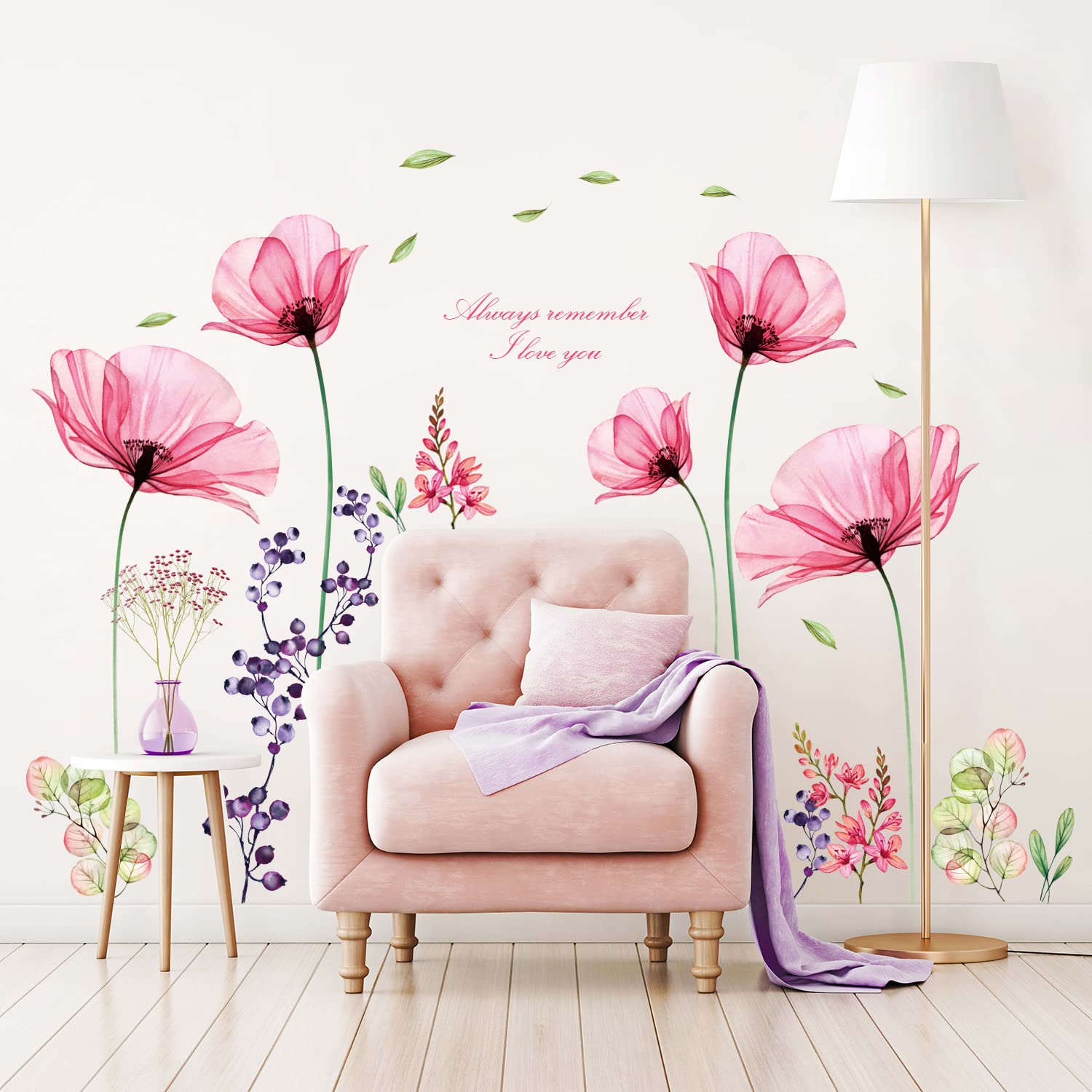 DECOWALL Watercolor Pink Poppy Flowers Wall Stickers with Quotes - Large Pastel Floral Wall Decals for Nursery, Bedroom & Living Room - Removable Peel and Stick Vintage Wall Art (SG2-106)