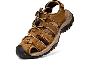 BOVESHORN Men's Sport Sandals Closed Toe Leather Hiking Athletic Walking Outdoor Beach Trail River Fishing Water Shoes Lightweight Comfortable Waterproof