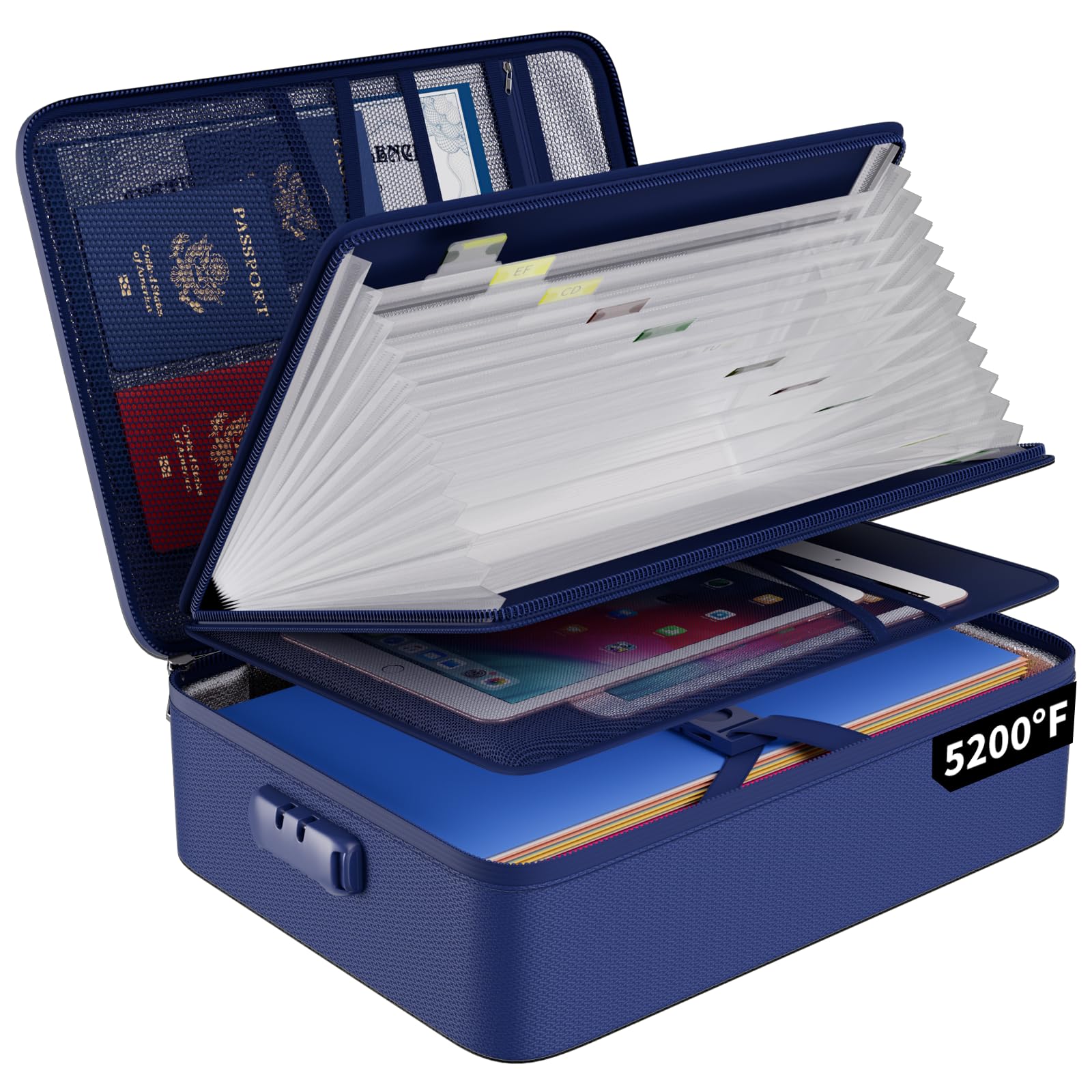 ENGPOW 5200℉ Fireproof File Organizer Bag with 13 Pocket Accordion File Folder,Document Organizer Box with Lock&Labels,Multi-Layer Portable Home Travel Safe Storage Box for Important Documents,Blue Image