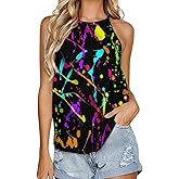 KEOUiP Glow in Dark Splatter Neon Women's Round Neck Vest Sleeveless Tank Tops Casual T-Shirts