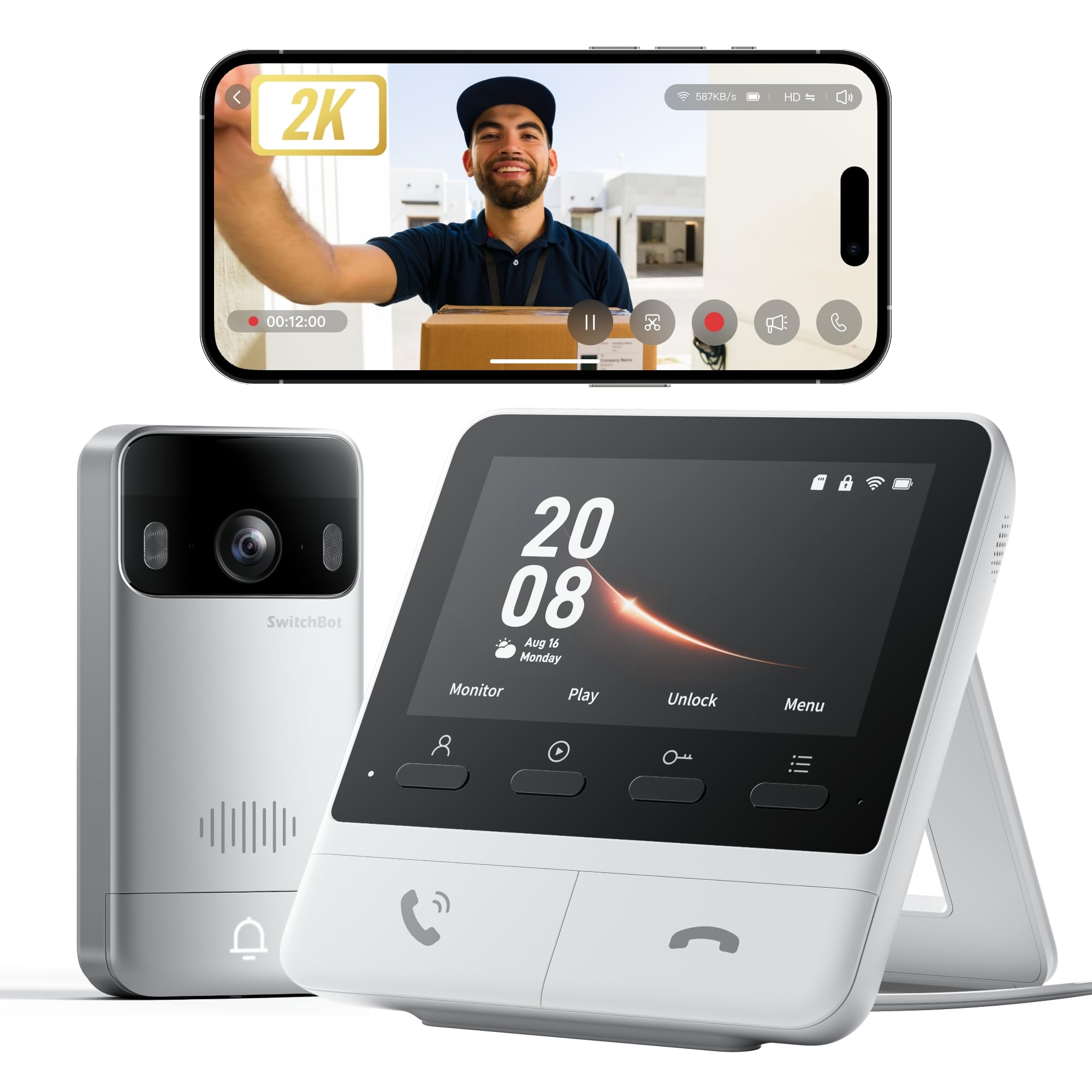 SwitchBot WLAN Türklingel mit Kamera, 2K Video Türklingel mit 4,3 Zoll Farbbildschirm, Smart Türklingel Kamera mit 165° Weitwinkel, 5000 mAh, Zwei-Wege-Audio, Kompatibel mit Alexa