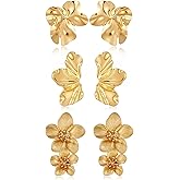 Gold Flower Statement Earrings for Women, 14K Gold Plated Large Irregular Leaf Floral, Big Chunky Dangle Earrings Set