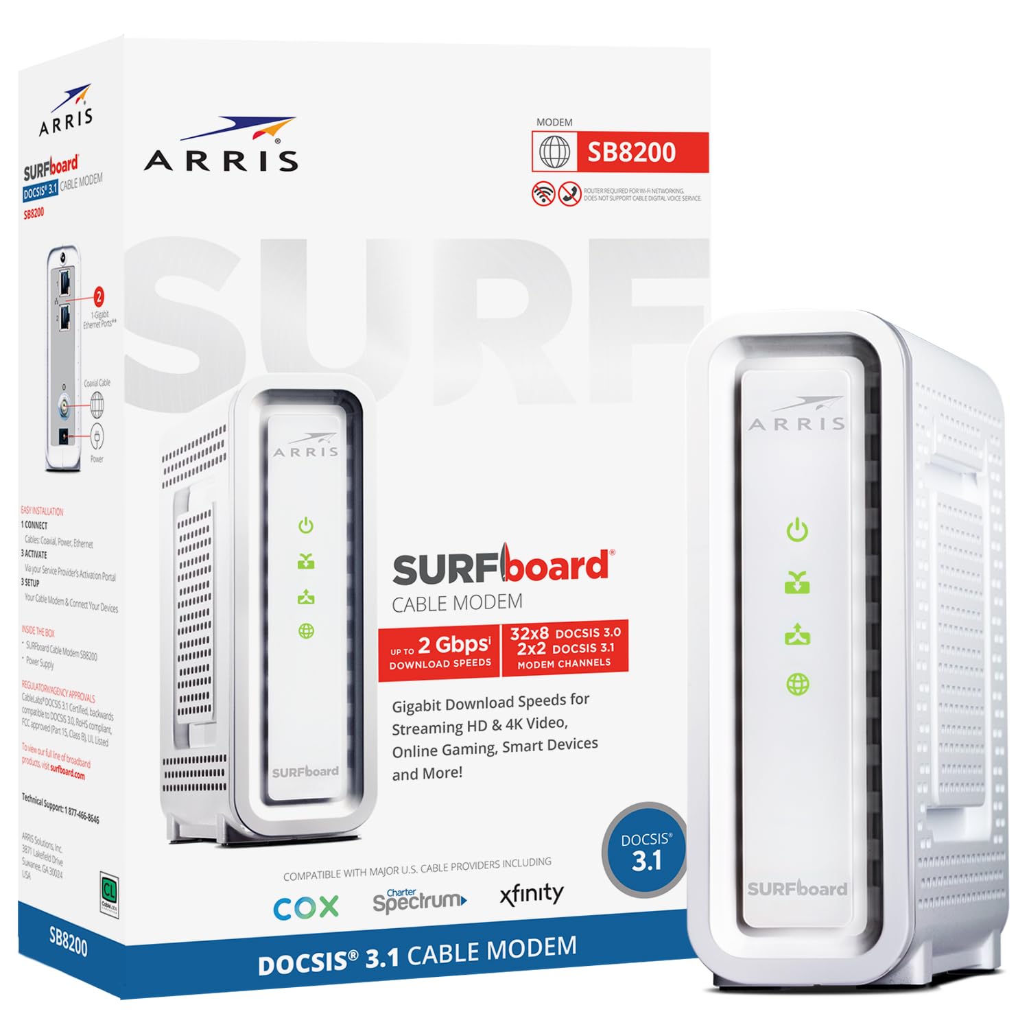 Photo 1 of ARRIS SURFboard SB8200 DOCSIS 3.1 Multi?Gig Cable Modem | 2 -1Gbps Ethernet Ports | Works with Xfinity, Cox, Spectrum | For Cable Internet Plans up to 2Gbps | Modem Only, Router Required
