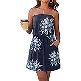 SAUKOLE Summer Dresses for Women Bandeau Strapless Smocked Elastic Waist Sundress Tube Mini Dress with Pockets