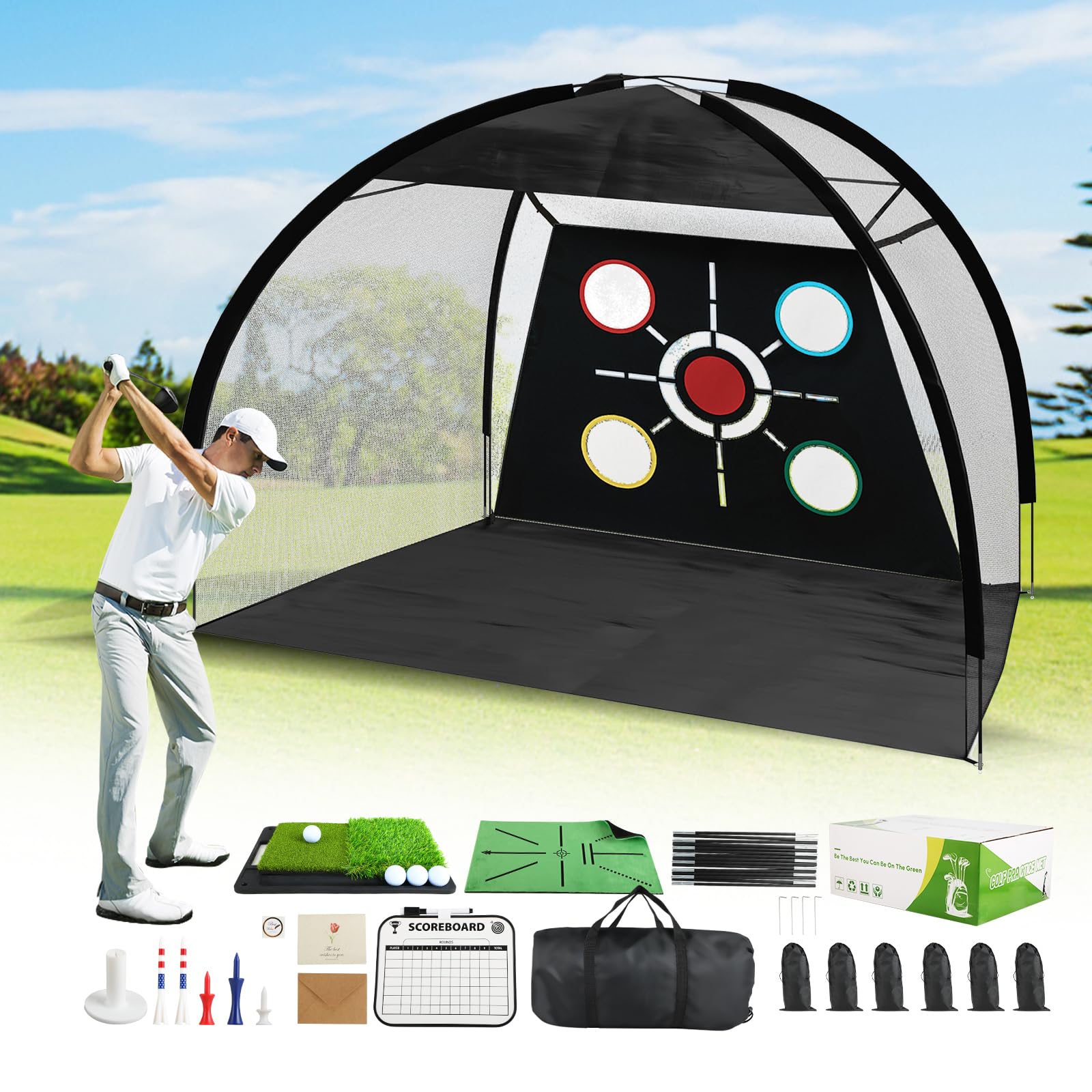 Photo 1 of Golf Net, Pro-Grade 10x7 FT Golf Practice Net Kit with 2-in-1 Replaceable Non-Slip Turf Mat, Golf Driving Nets for Backyard, Chipping Swing Training for Golfer Indoor/Outdoor