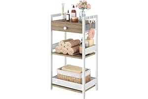 FAVOOSTY Bathroom Ladder Shelf, 3-Tier Bathroom Floor Storage Shelf with Drawer, Freestanding Towel Shelf, Bookcase End Table