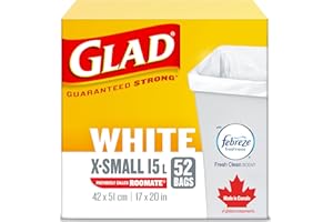Glad White Garbage Bags - X-Small 15 Litres - Febreze Fresh Clean Scent, 52 Trash Bags, Made in Canada of Global Components