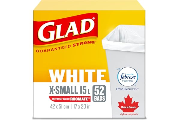 Glad White Garbage Bags - X-Small 15 Litres - Febreze Fresh Clean Scent, 52 Trash Bags, Made in Canada of Global Components