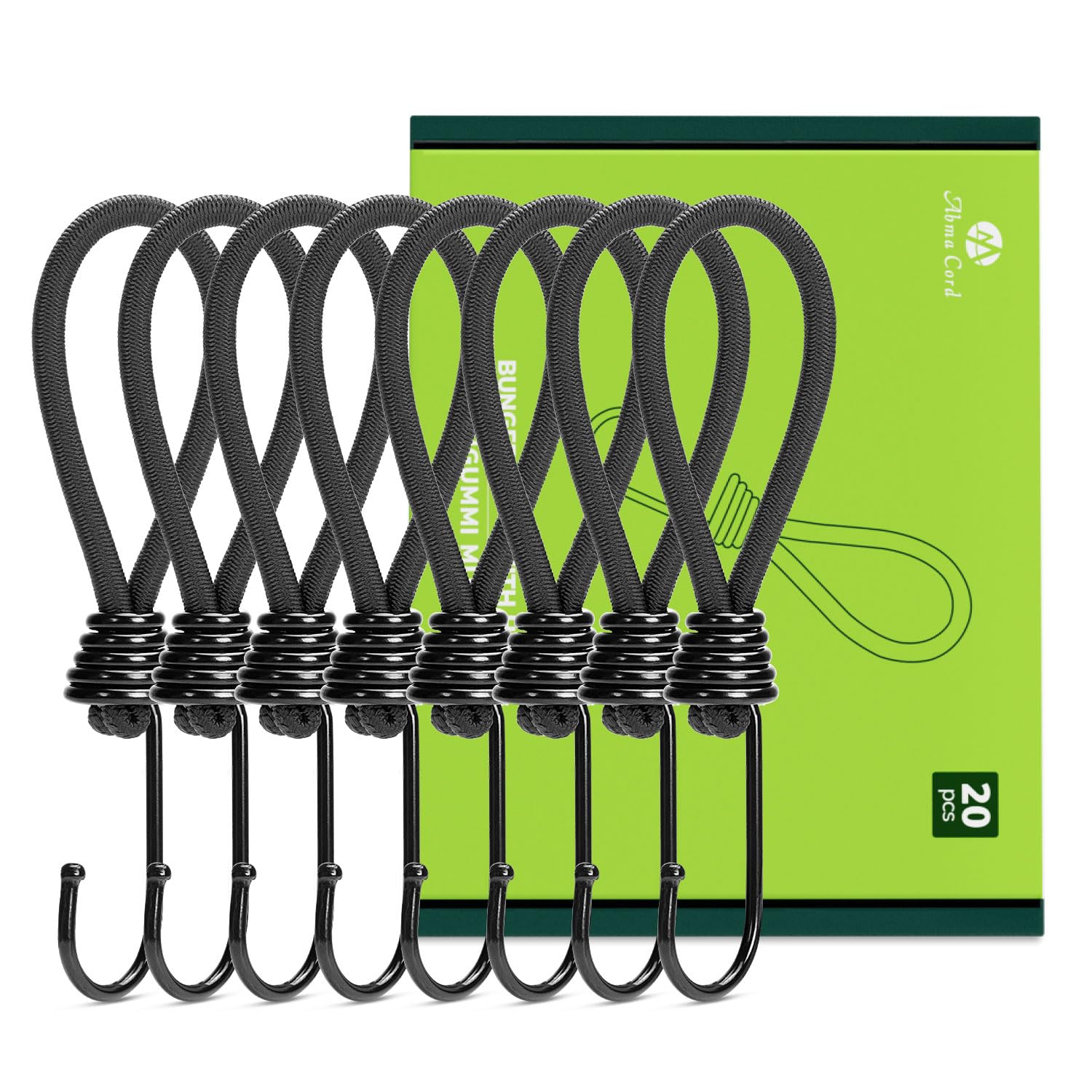 Abma Cord Bungee Cords with Hooks 15cm 20Pcs Small Bungee Ropes with Hooks Elastic Bungee Loops for Tarpaulin, Tent, Camping, Banners, Fixing - Black