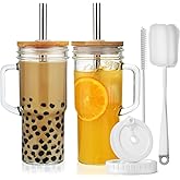 ALINK [Updated Lids] Glass Cups with Bamboo Lids and Straws, 24oz iced Coffee Cups Tumbler with Handle, 2 Pack Mason Jar with Lid and Straw, Drinking Glass Boba Smoothie Cups, 2 Brushes